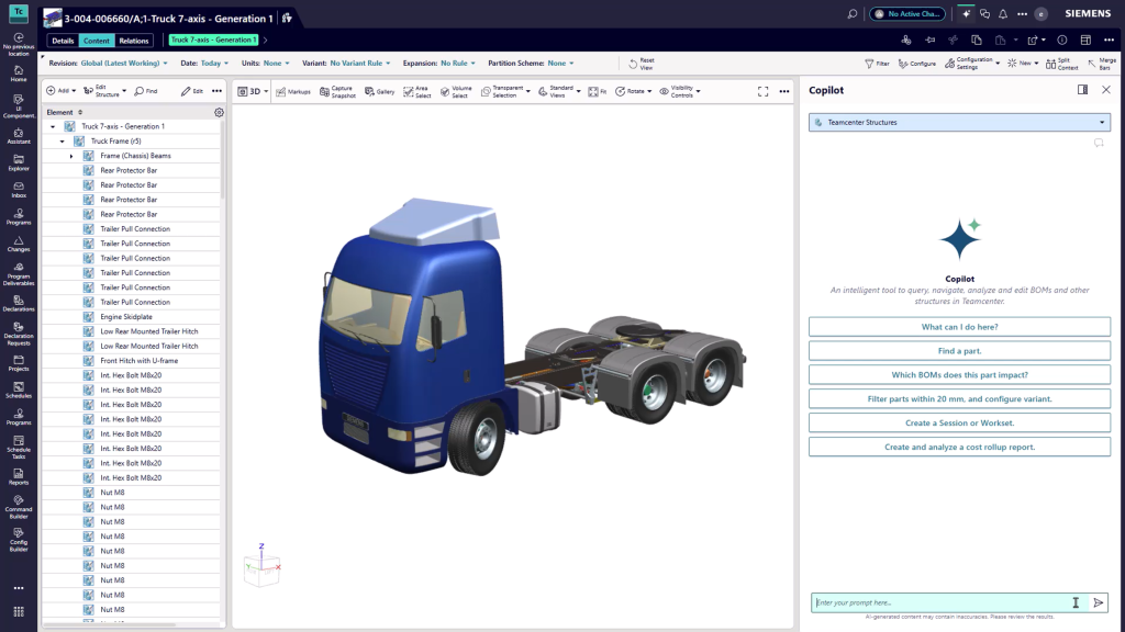 Siemens Teamcenter Copilot for BOM 官方畫面,顯示產品結構與 AI Copilot