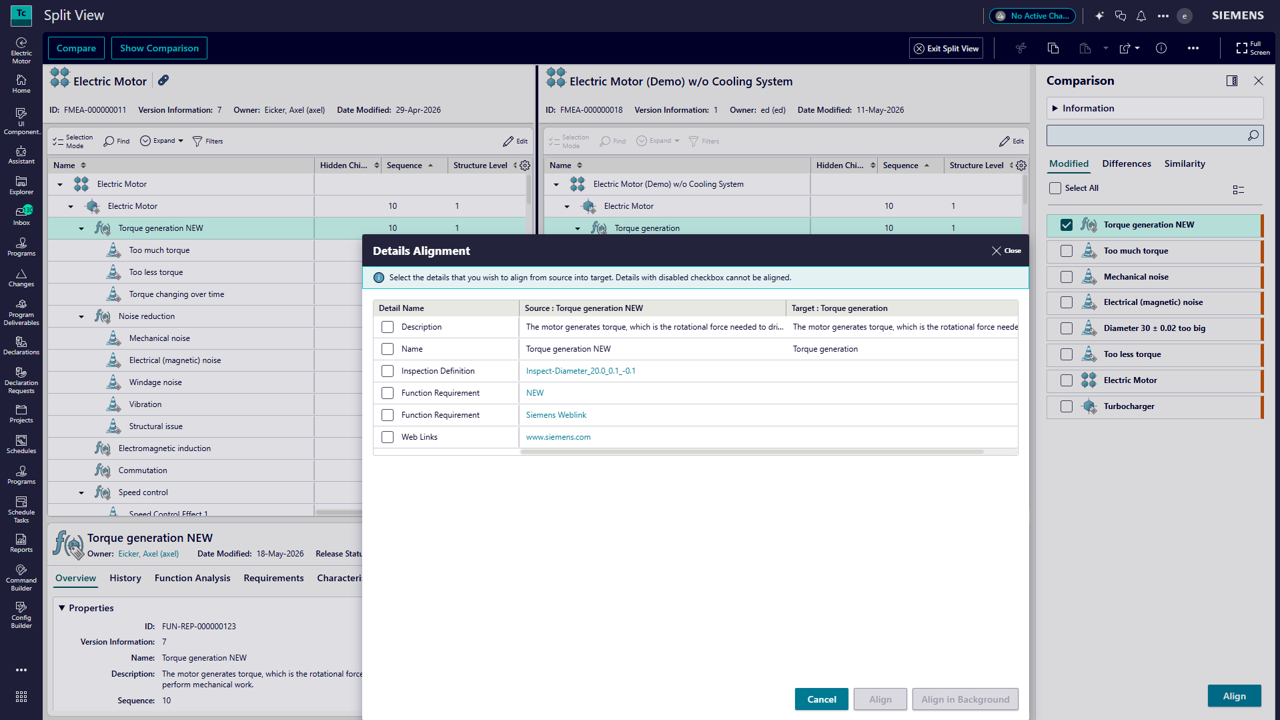 Siemens Teamcenter Quality 2606 主版與變體 FMEA 比較畫面